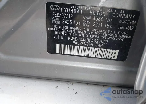 2012 Hyundai Sonata Hybrid z USA, uszkodzony, nr VIN KMHEC4A48CA026927